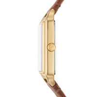 Firkantet Fossil ur med grå skive, gylden urkasse og brun læderrem