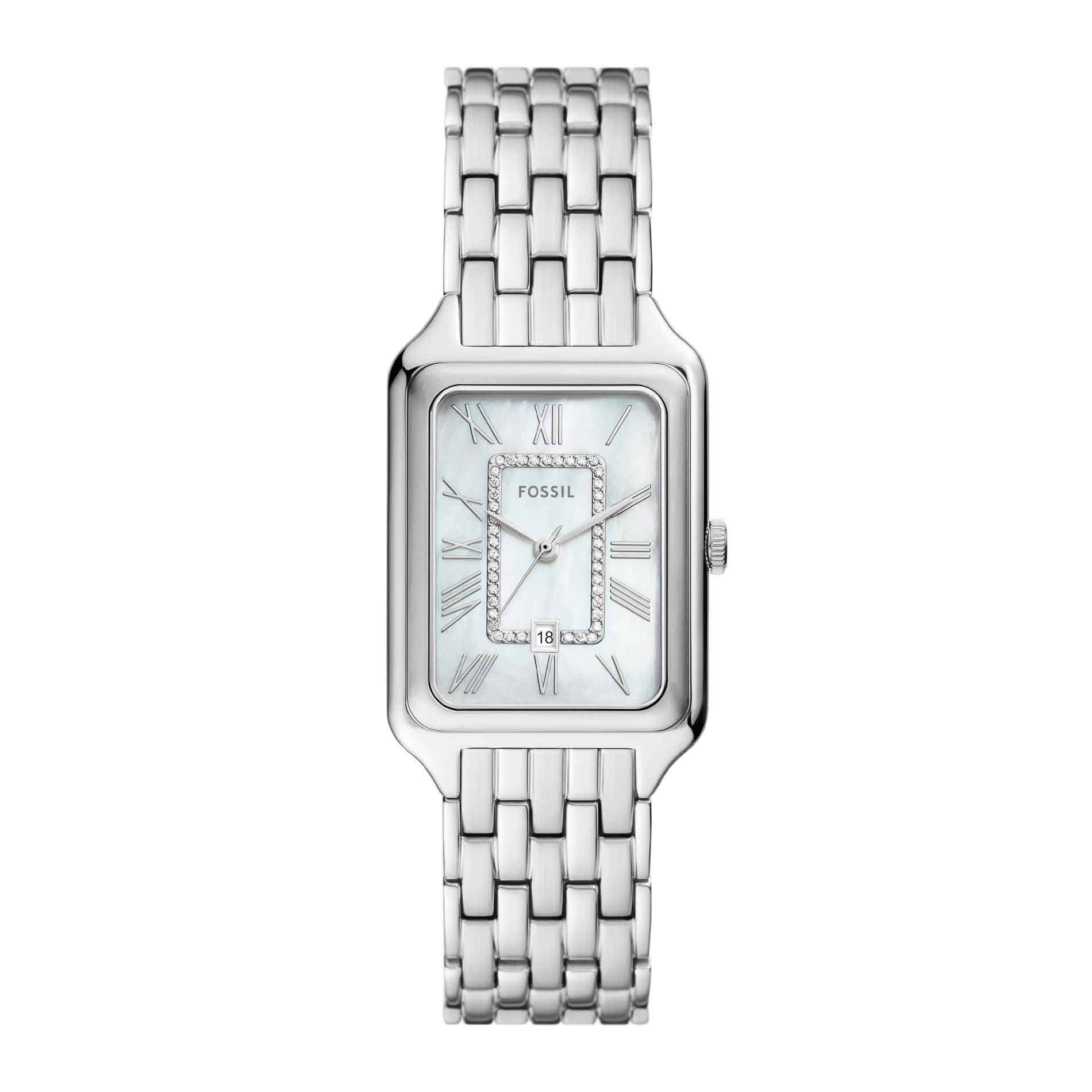 Firkantet Fossil ur i stål med perlemor skive