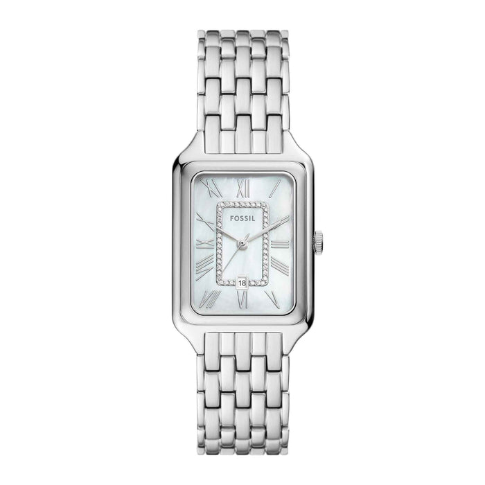 Firkantet Fossil ur i stål med perlemor skive