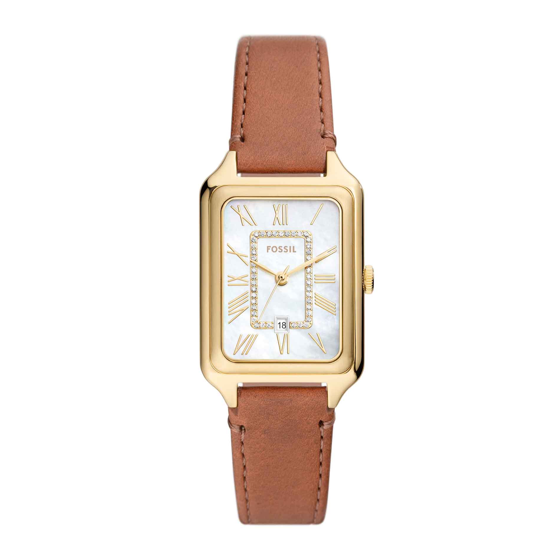 Firkantet Fossil ur med perlemor skive og brun læderrem