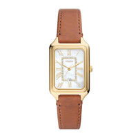 Firkantet Fossil ur med perlemor skive og brun læderrem