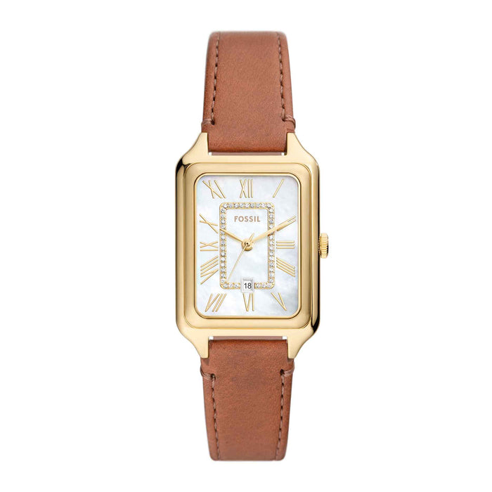 Firkantet Fossil ur med perlemor skive og brun læderrem