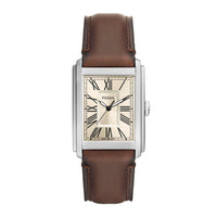 Firkantet Fossil ur med creme urskive og brun læderrem