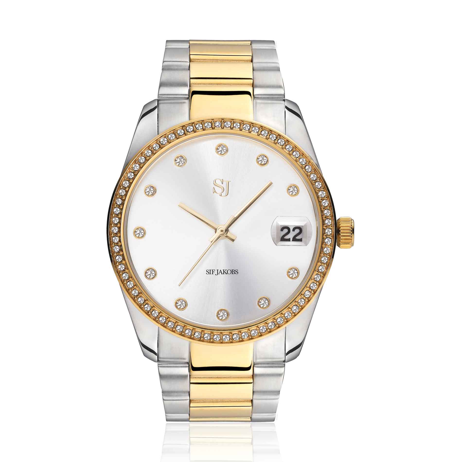 Sif Jakobs Electra ur i two-tone guld/stål med zirkonia sten rundt kransen, set forfra