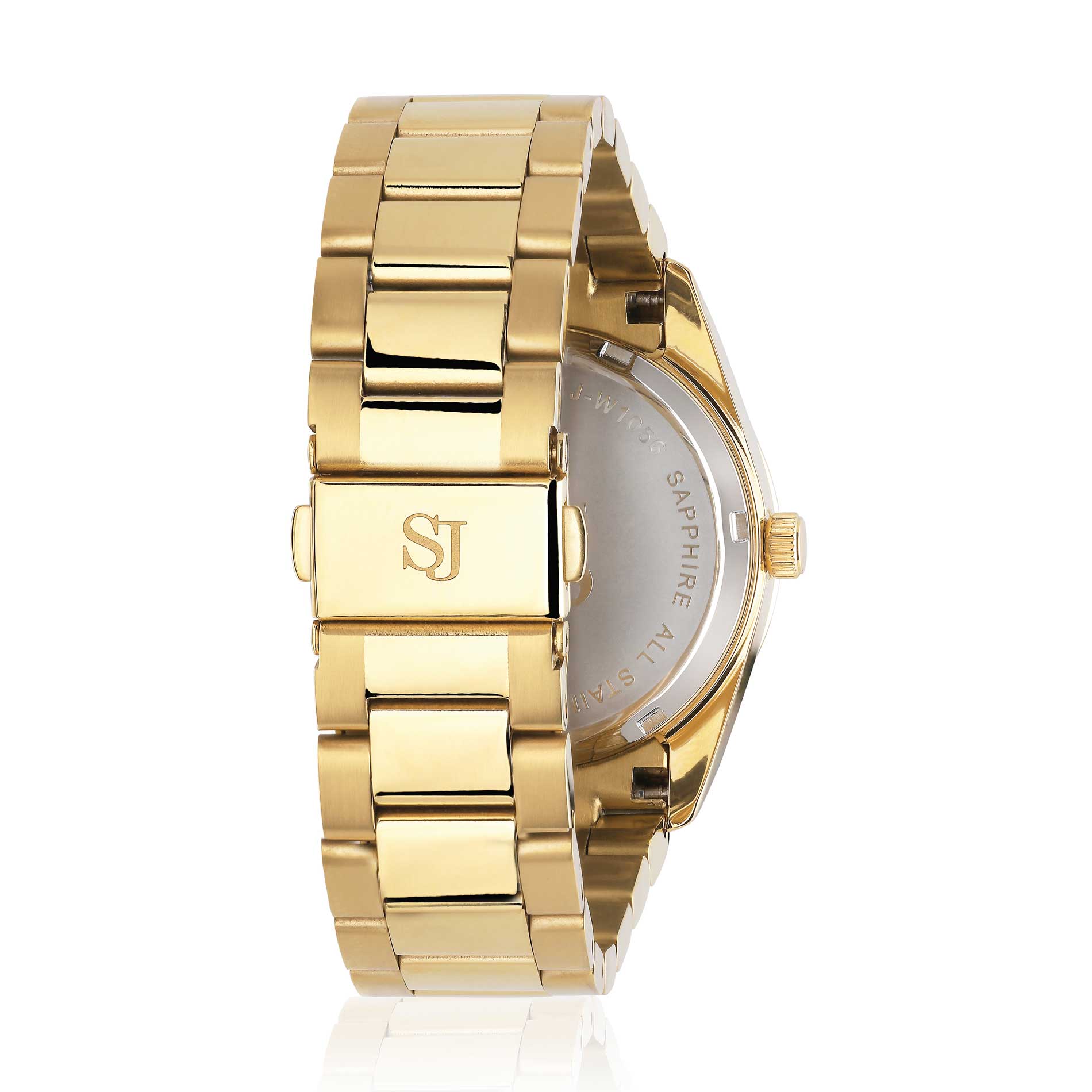 Sif Jakobs Aurora i guld tone med grøn skive og zirkonia sten rundt kransen, set bagfra