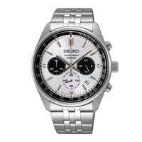 Seiko herreur i stål med hvid urskive og to sorte chronographer. Uret ses forfra.