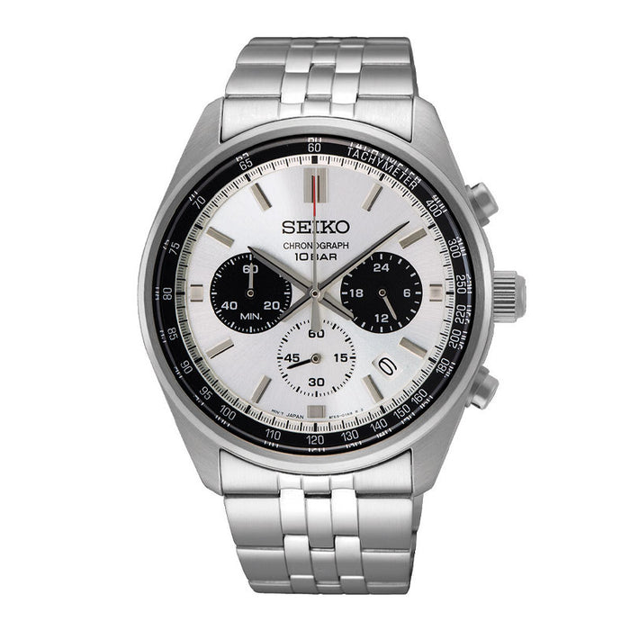 Seiko herreur i stål med hvid urskive og to sorte chronographer. Uret ses forfra.