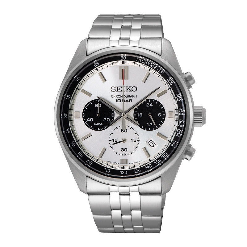 Seiko herreur i stål med hvid urskive og to sorte chronographer. Uret ses forfra.