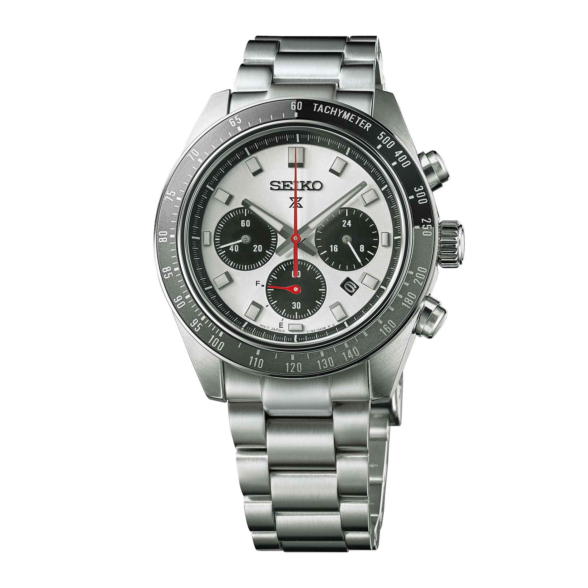 Seiko herreur i stål med hvid urskive med tre sorte chronographer. Uret har også sort urkrans. Uret ses forfra.