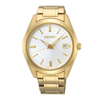 Seiko herreur i guldfarvet stål med hvid urskive. Uret ses forfra.