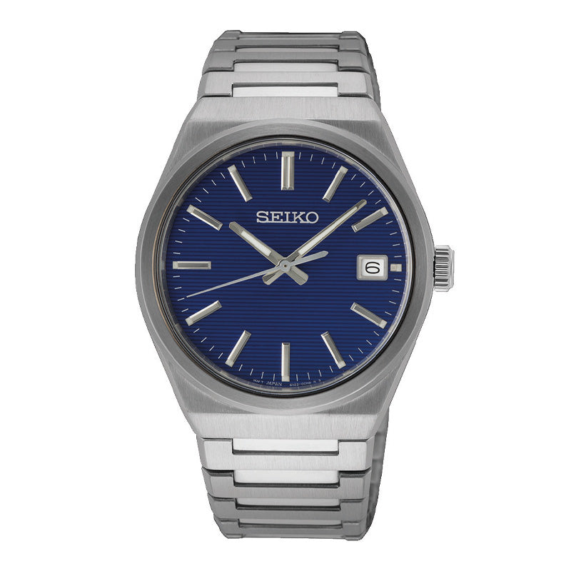 Seiko herreur i stål med mørkeblå skive. Uret ses forfra.