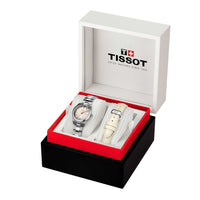 Tissot dameur med perlemor skive og stållænke samt ekstra hvid læderrem