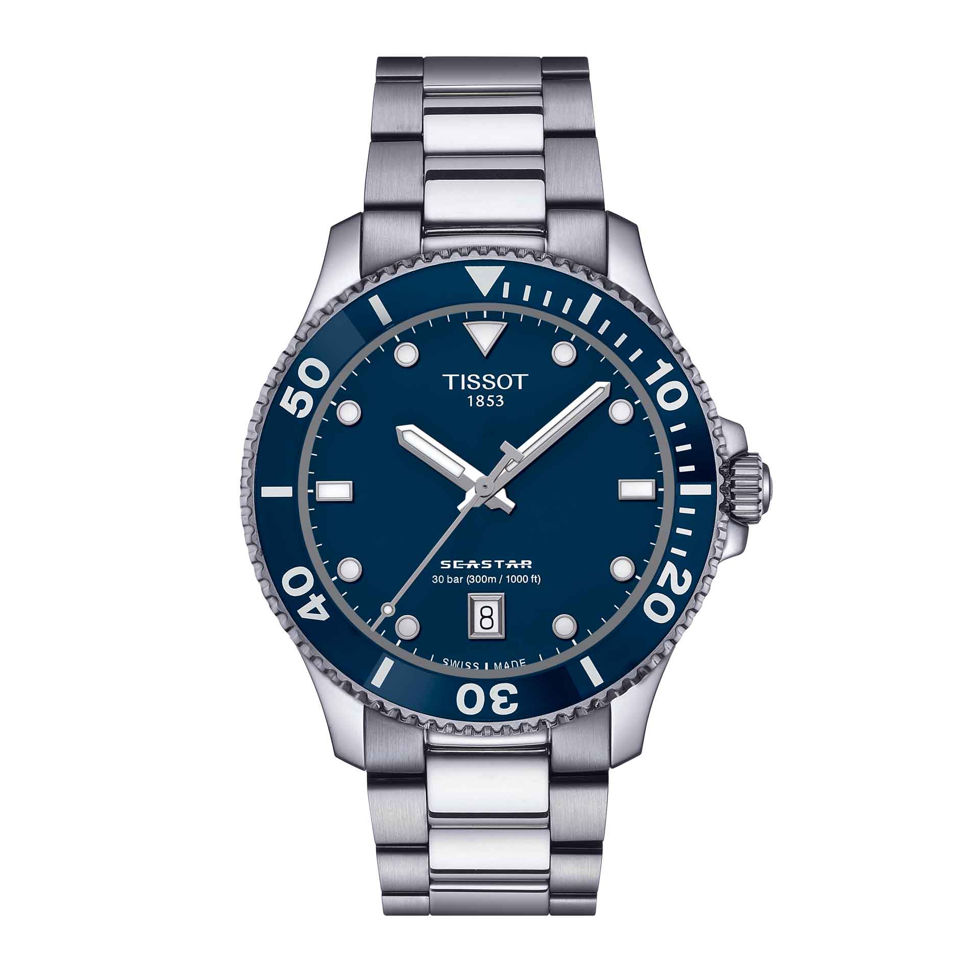 Dykkerur til herre i stål med blå skive og krans fra Tissot, set forfra