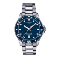 Dykkerur til herre i stål med blå skive og krans fra Tissot, set forfra