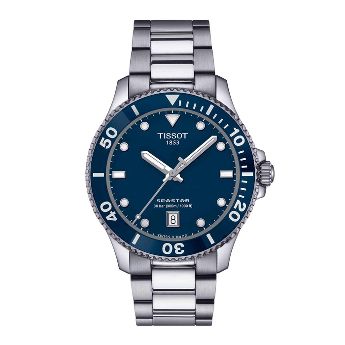 Dykkerur til herre i stål med blå skive og krans fra Tissot, set forfra