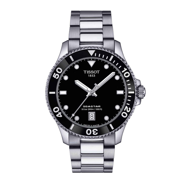 Klassisk dykkerur i stål med sort skive og krans, set forfra