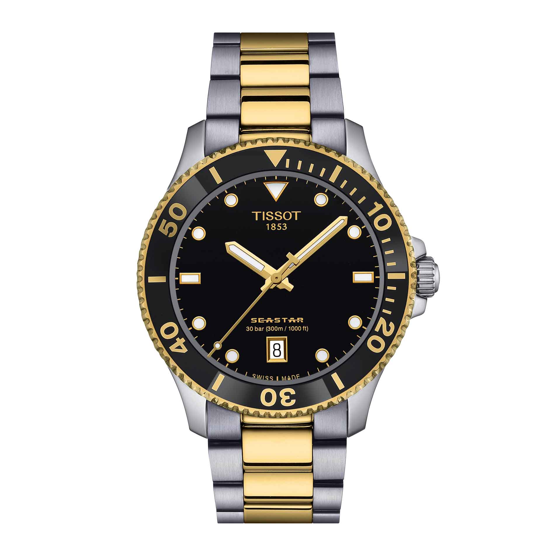 Klassisk dykkerur til mænd i guld og stål med sort skive med guld detaljer, set forfra