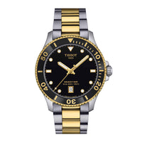 Klassisk dykkerur til mænd i guld og stål med sort skive med guld detaljer, set forfra