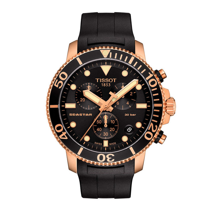 Dykkerur med sort gummirem og rosaguld urkasse
