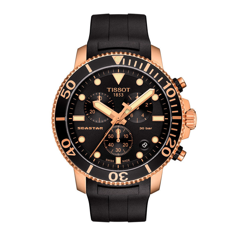 Dykkerur med sort gummirem og rosaguld urkasse