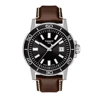 Herreur i stål med brun læderrem og sort skive fra tissot, set forfra