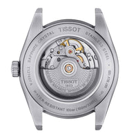 Klassisk automatisk herreur i stål fra Tissot med blå skive, set bagfra