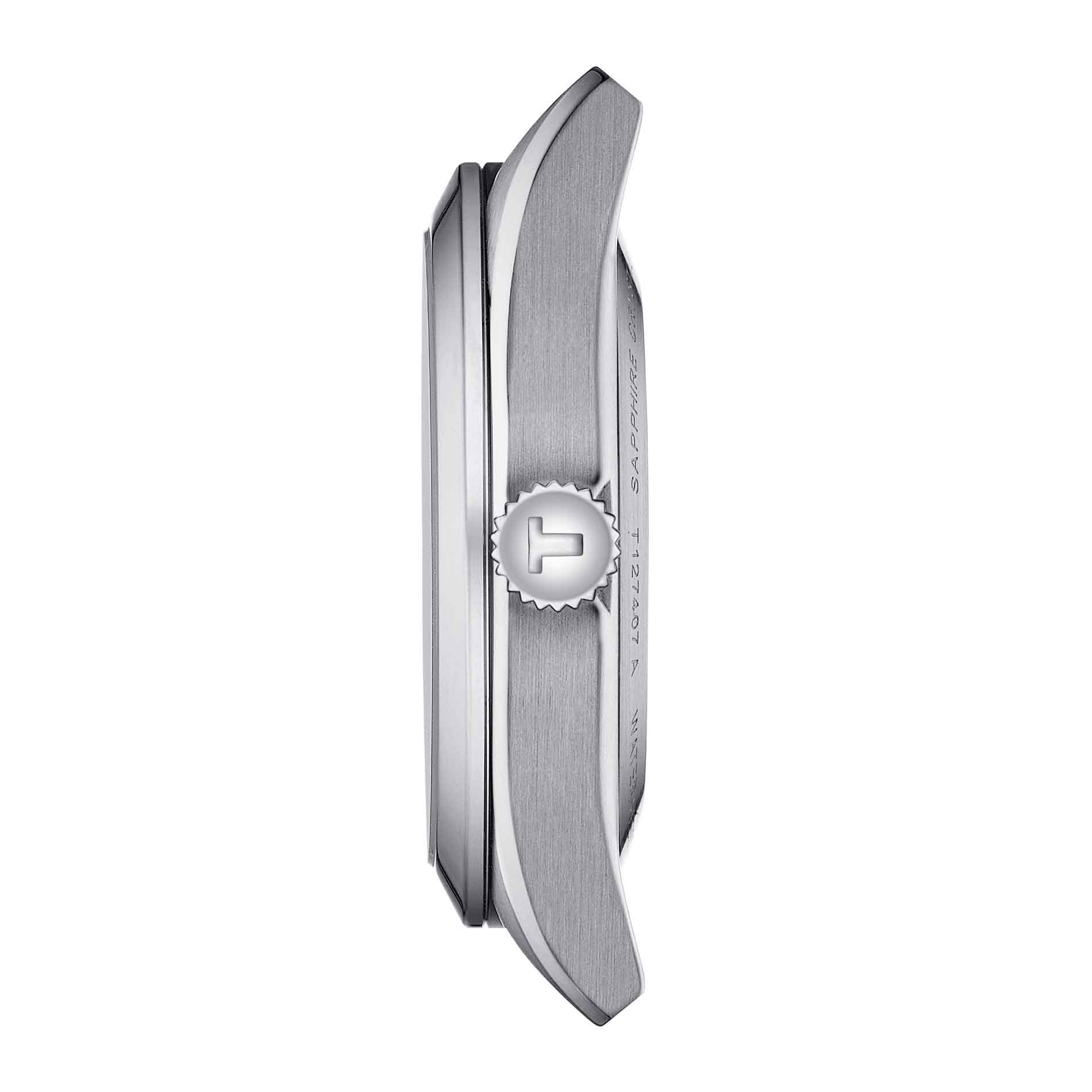 Klassisk automatisk herreur i stål fra Tissot med blå skive, set fra siden