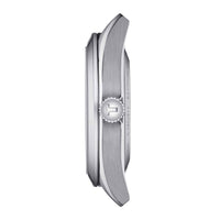 Klassisk automatisk herreur i stål fra Tissot med blå skive, set fra siden