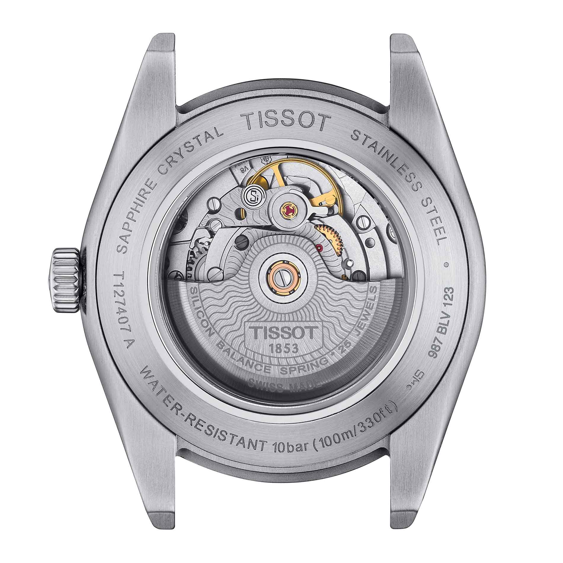 Automatisk herreur i stål med isblå urskive fra Tissot, set bagfra