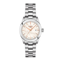 Tissot dameur med perlemor skive og stållænke samt ekstra hvid læderrem