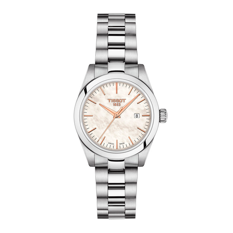 Tissot dameur med perlemor skive og stållænke samt ekstra hvid læderrem