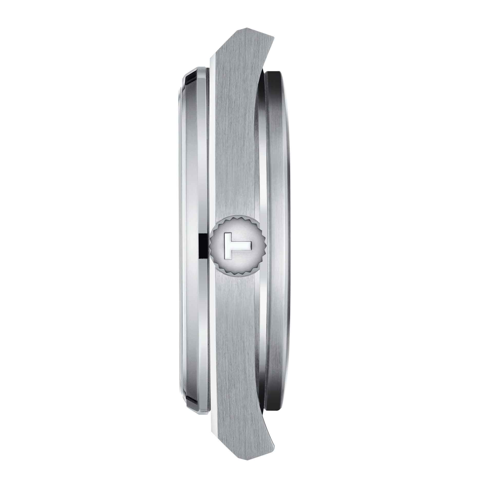 Tissot dameur i børstet stål med lyseblå urskive, set fra siden