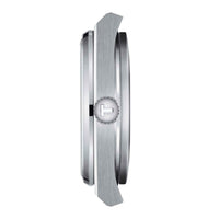 Tissot dameur i børstet stål med lyseblå urskive, set fra siden