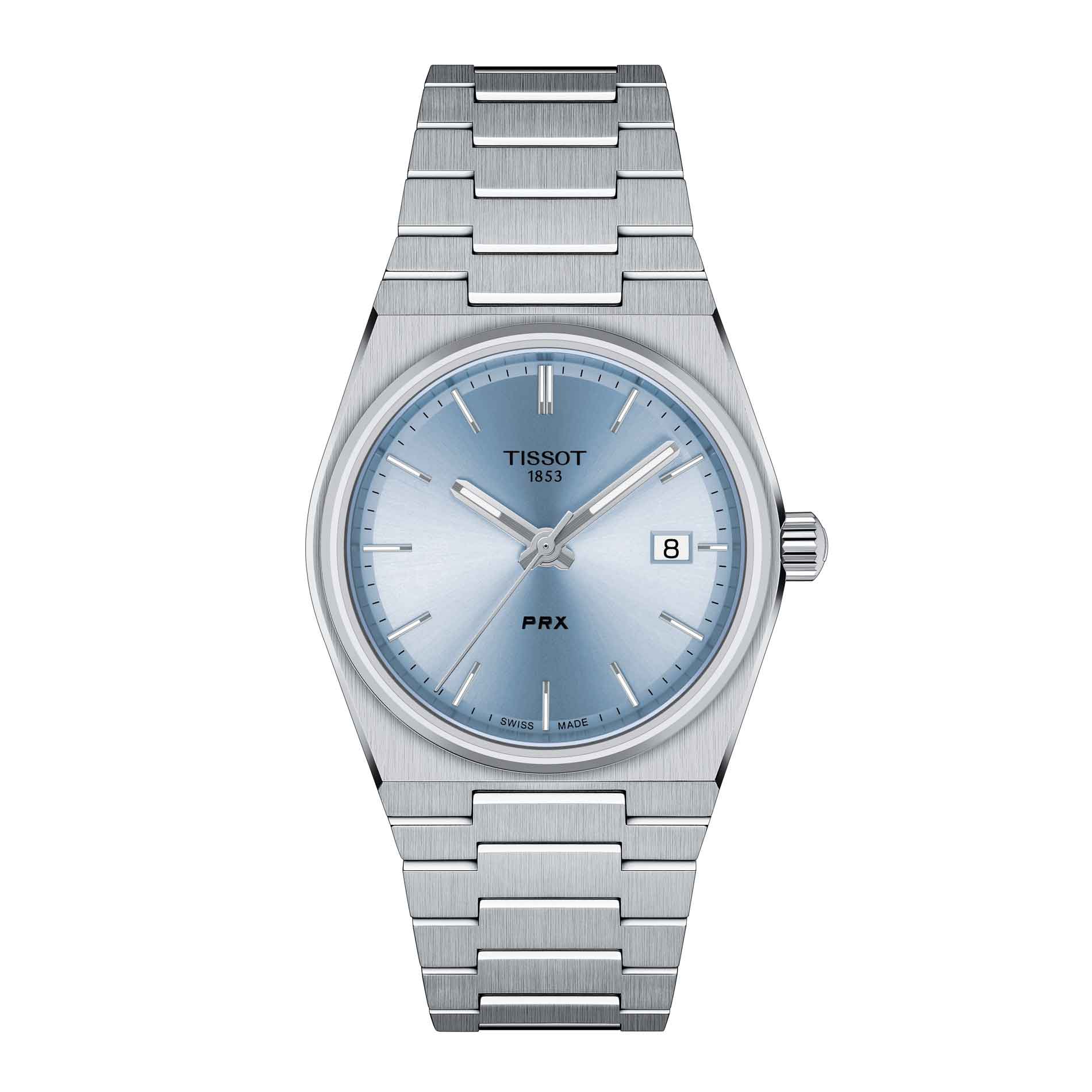 Tissot dameur i børstet stål med lyseblå urskive, set forfra