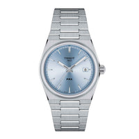 Tissot dameur i børstet stål med lyseblå urskive, set forfra