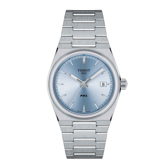Tissot dameur i børstet stål med lyseblå urskive, set forfra