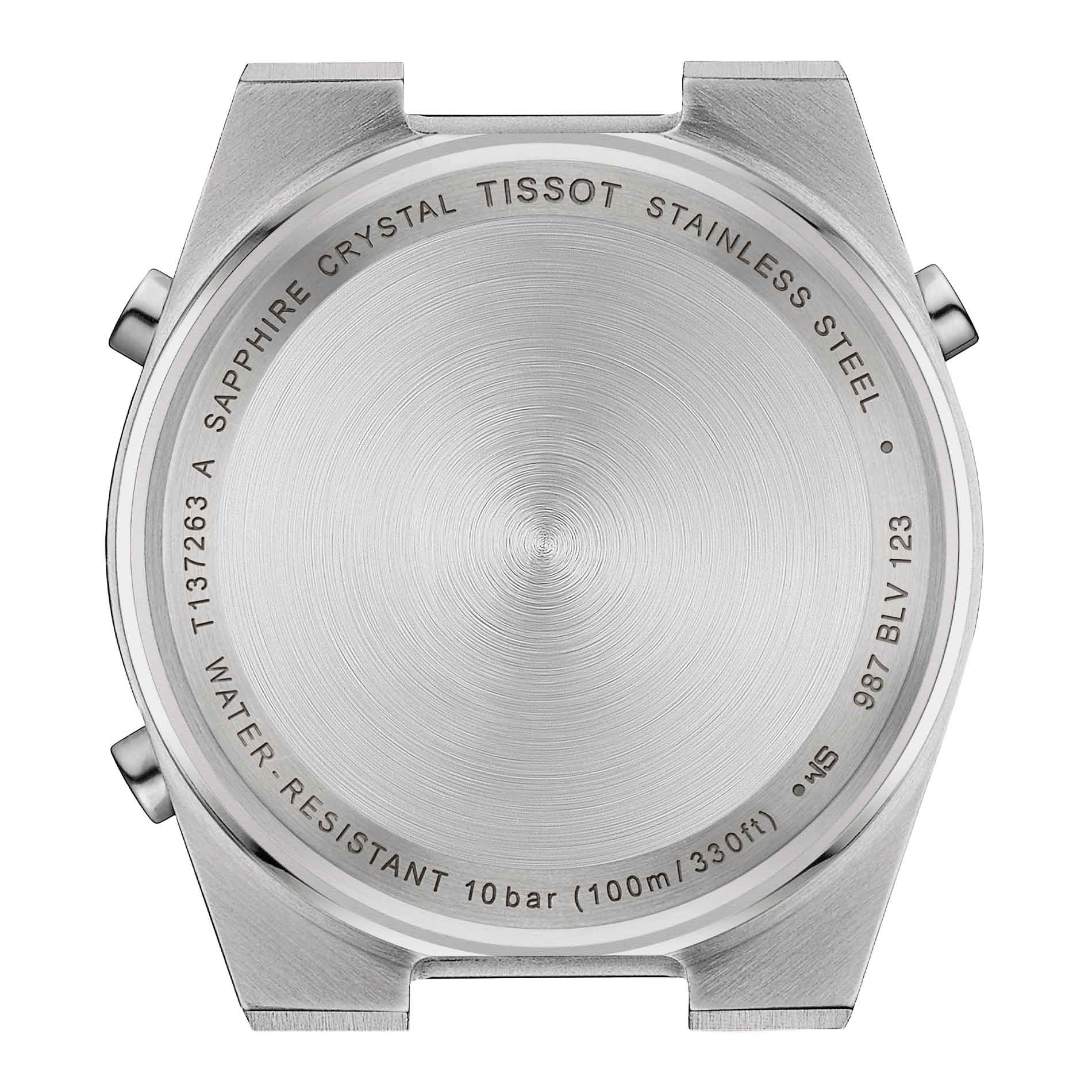 Digitalt dameur i stål fra Tissot, set bagfra
