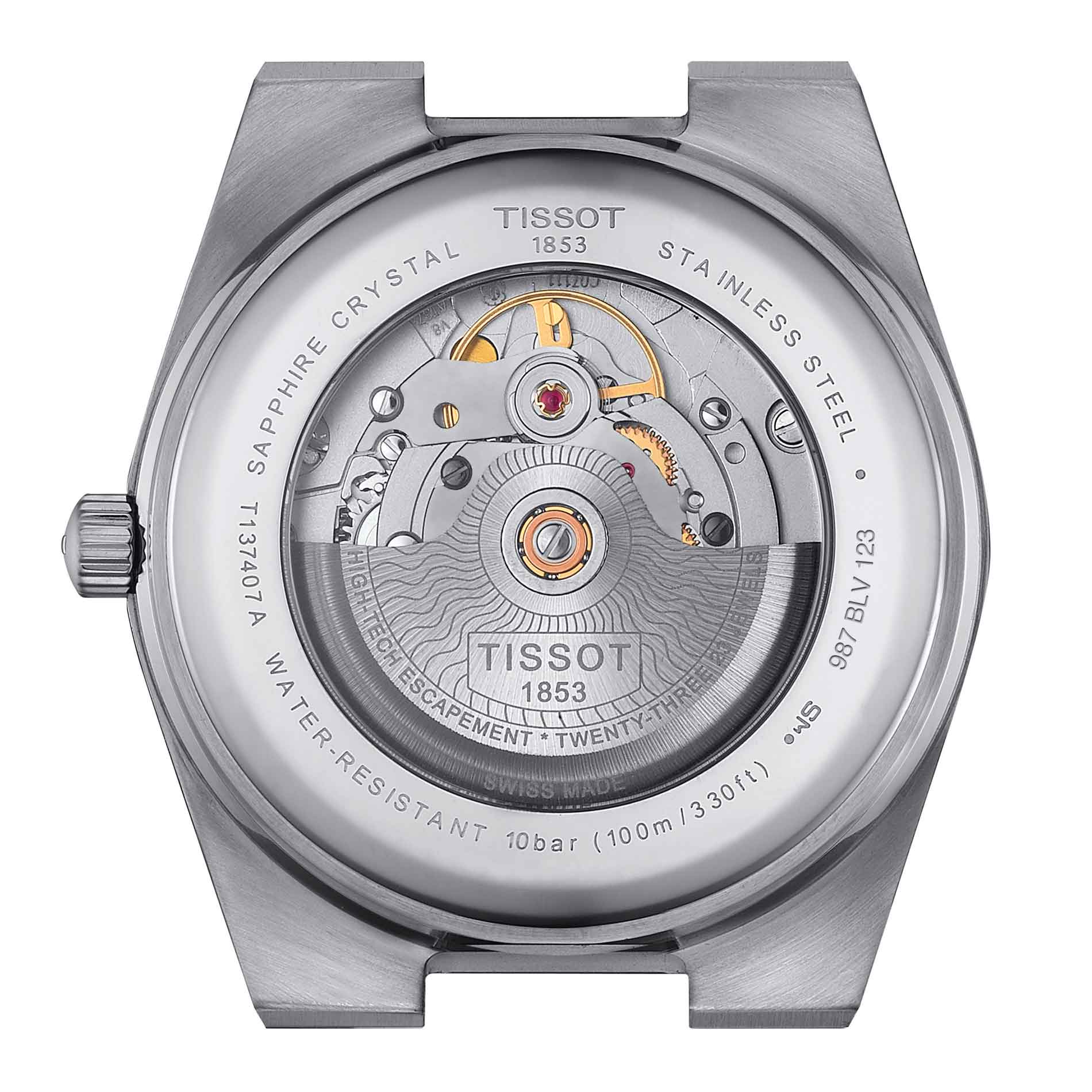 Klassisk automatisk herreur i stål med grøn skive fra Tissot, set bagfra