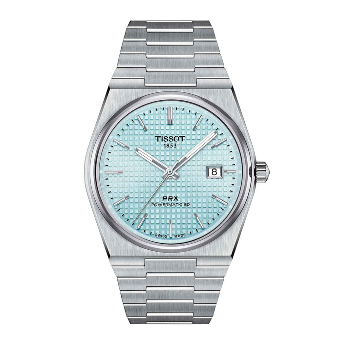 Unikt automatisk herreur i stål fra Tissot med Ice Blue urskive, set forfra