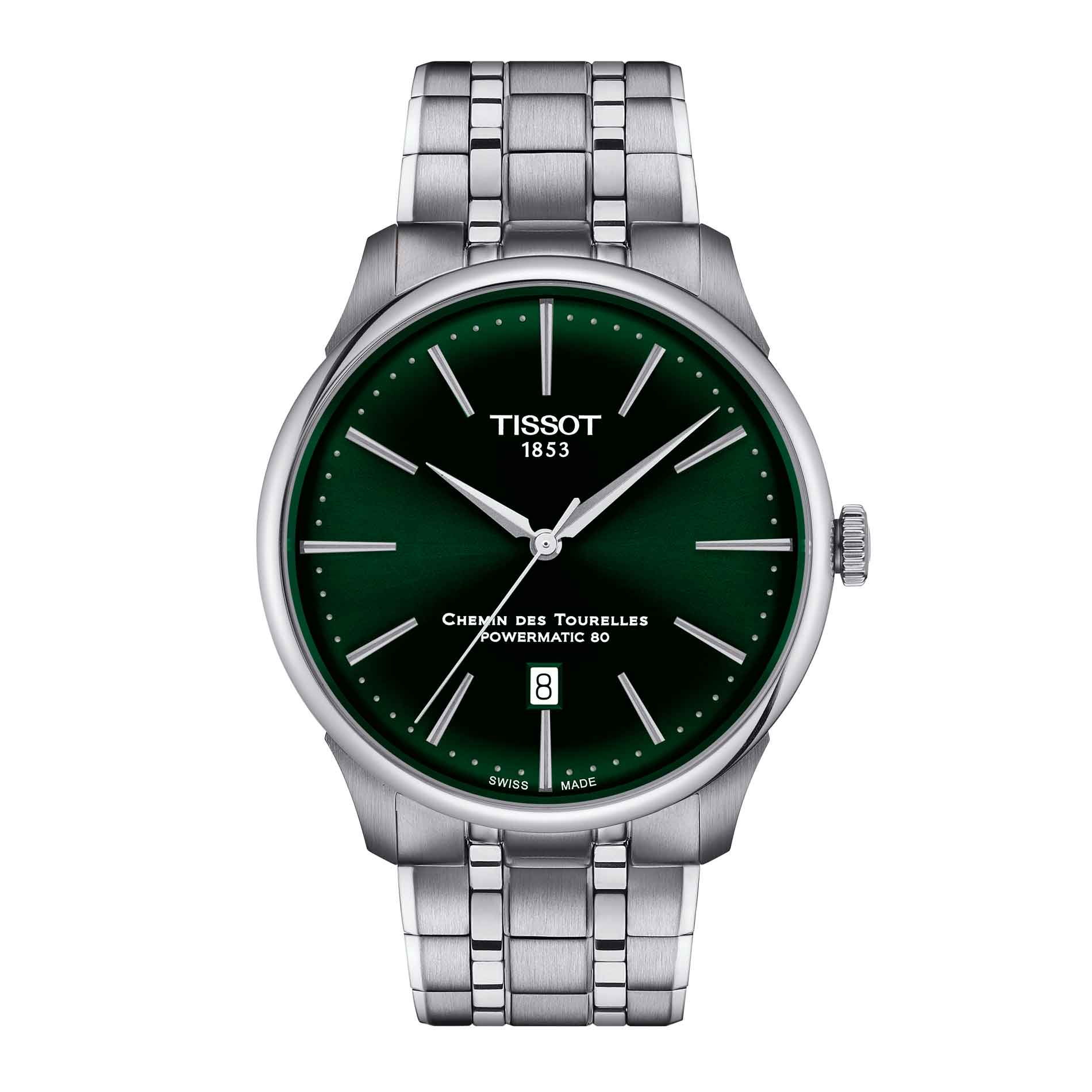Automatisk herreur i stål med grøn skive fra Tissot, set forfra