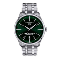 Automatisk herreur i stål med grøn skive fra Tissot, set forfra