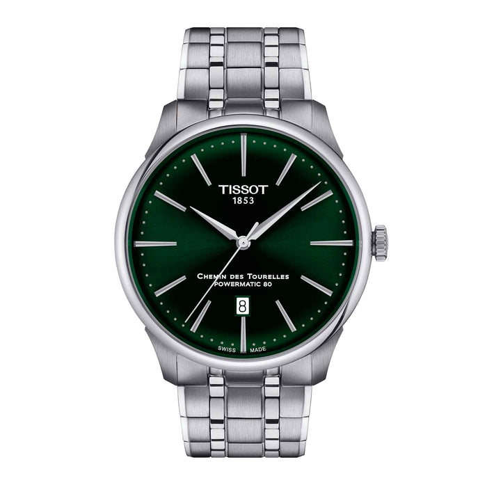 Automatisk herreur i stål med grøn skive fra Tissot, set forfra