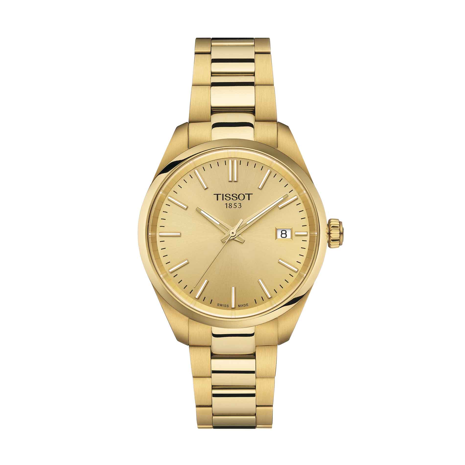 Gyldent stålur fra Tissot med guld skive, set forfra