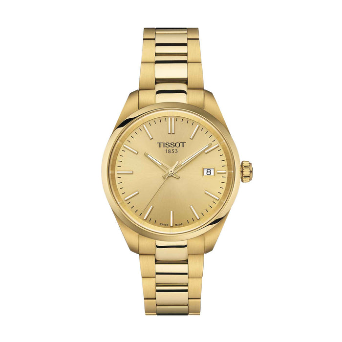 Gyldent stålur fra Tissot med guld skive, set forfra