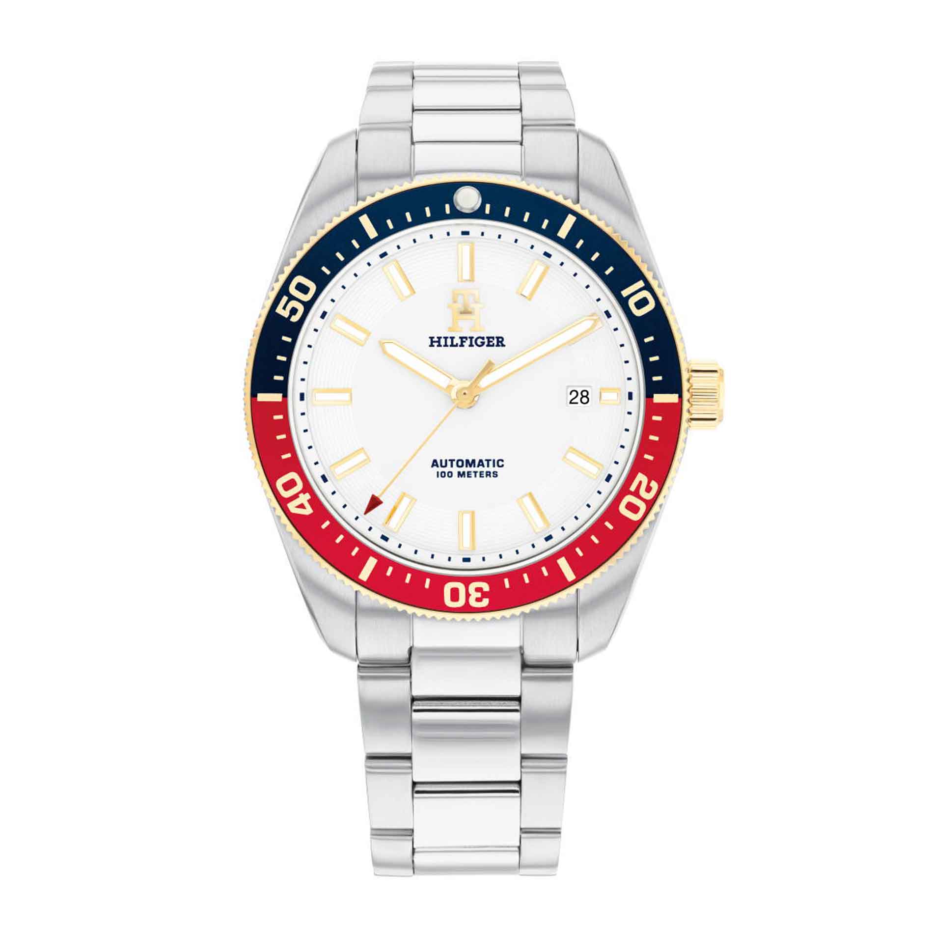 Tommy Hilfiger ur i stål med hvid skive og blå/rød krans