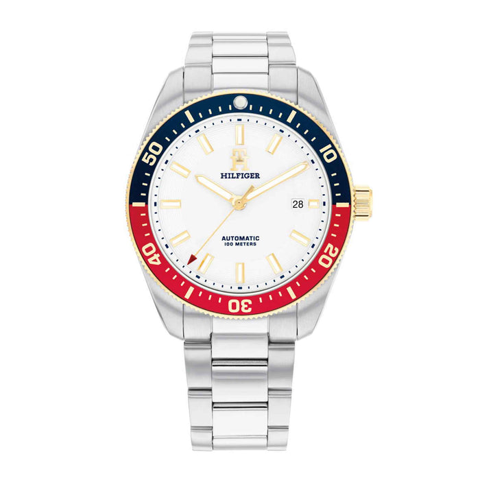 Tommy Hilfiger ur i stål med hvid skive og blå/rød krans