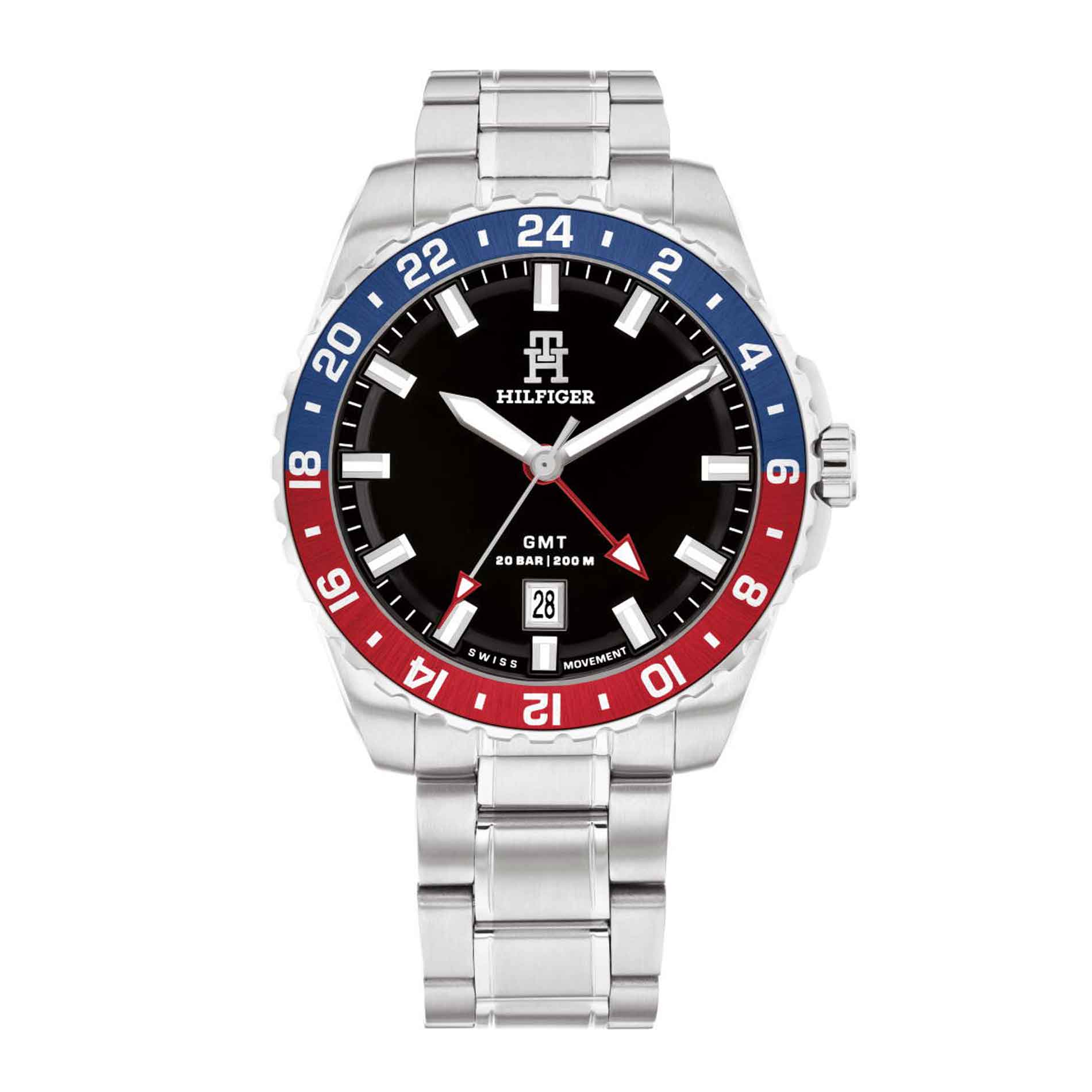 Tommy Hilfiger ur i stål med sort skive og blå/rød krans