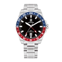 Tommy Hilfiger ur i stål med sort skive og blå/rød krans