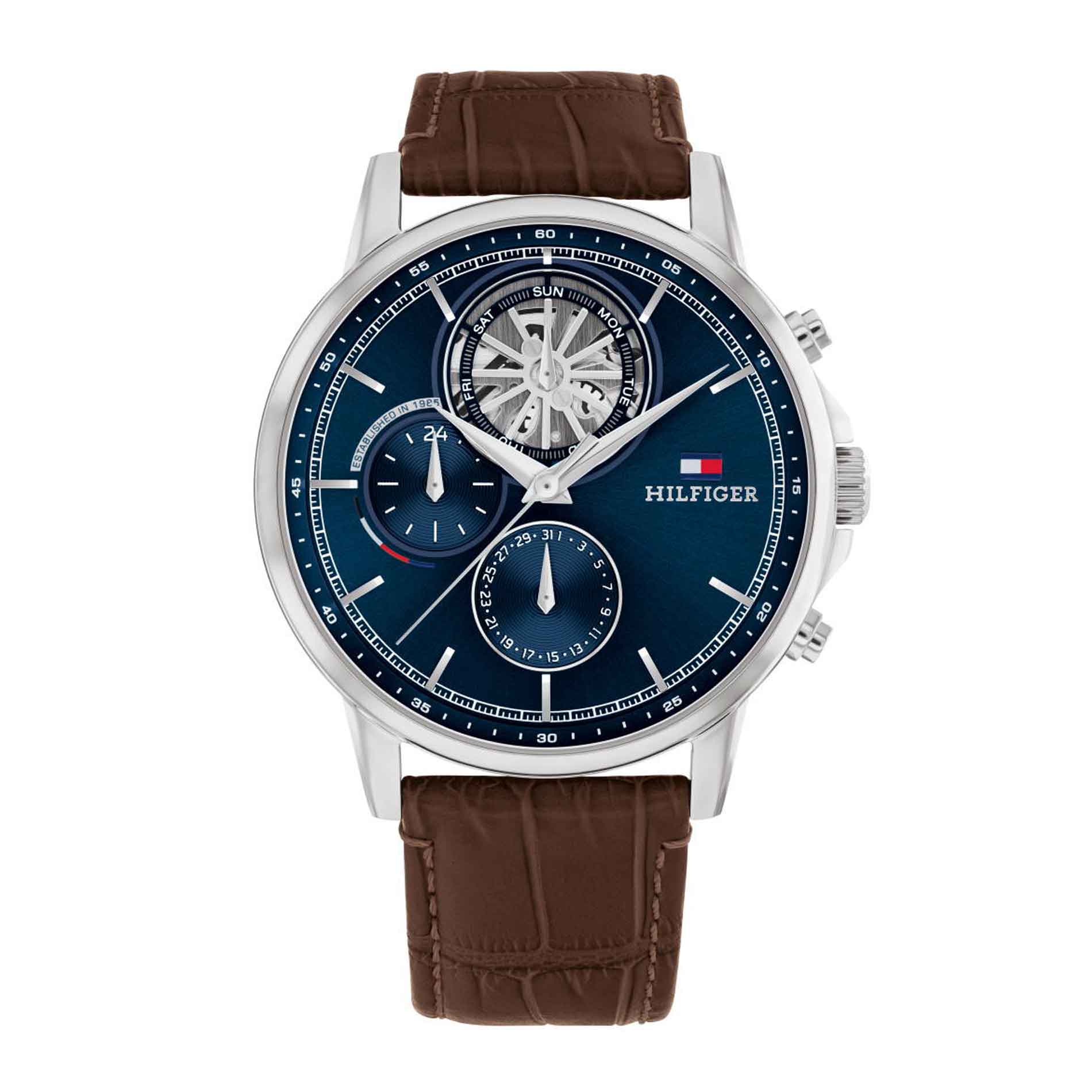 Tommy Hilfiger ur i stål med blå skive og brun læderrem