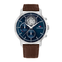 Tommy Hilfiger ur i stål med blå skive og brun læderrem